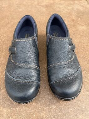 Clarks Navy Slip-On Leather Loafers with side buckle accent